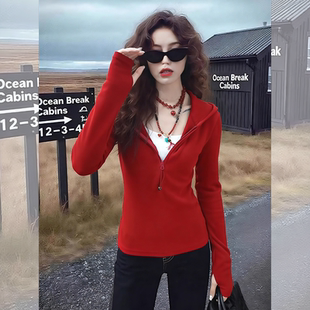 半拉链连帽双面德绒卫衣女冬简约修身打底帽衫小个子巨好看的上衣