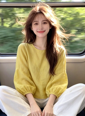 法式灯笼袖防晒黄色衬衫女夏季薄款2026新款今年流行爆款好看上衣