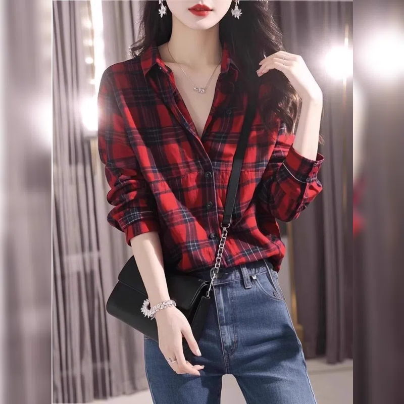高级感红色格子衬衫女2025春秋