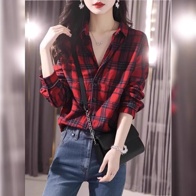 复古红色格子POLO领衬衫女上衣