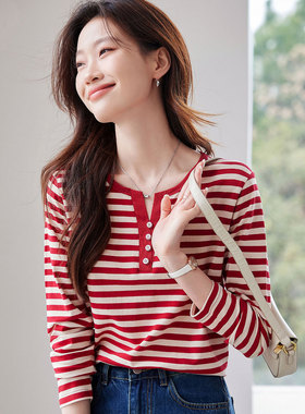 撞色红色条纹长袖t恤女2025秋季新款韩版时尚洋气内搭打底衫上衣