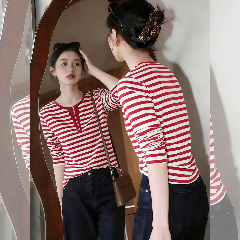 欧货圆领红色条纹长袖T恤女2026春季新款修身显瘦百搭打底衫上衣,女装/女士精品,T恤,淘宝优惠券,粉丝福利购,淘宝优惠卷