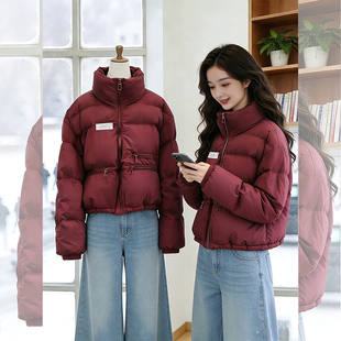 酒红色立领短款棉服冬季外套女2026新款高级感加厚棉衣小个子棉袄