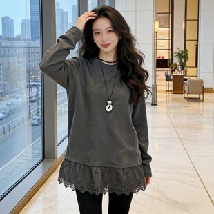 灰色无帽卫衣女款加厚保暖2026新款秋冬季拼接蕾丝中长款女士上衣