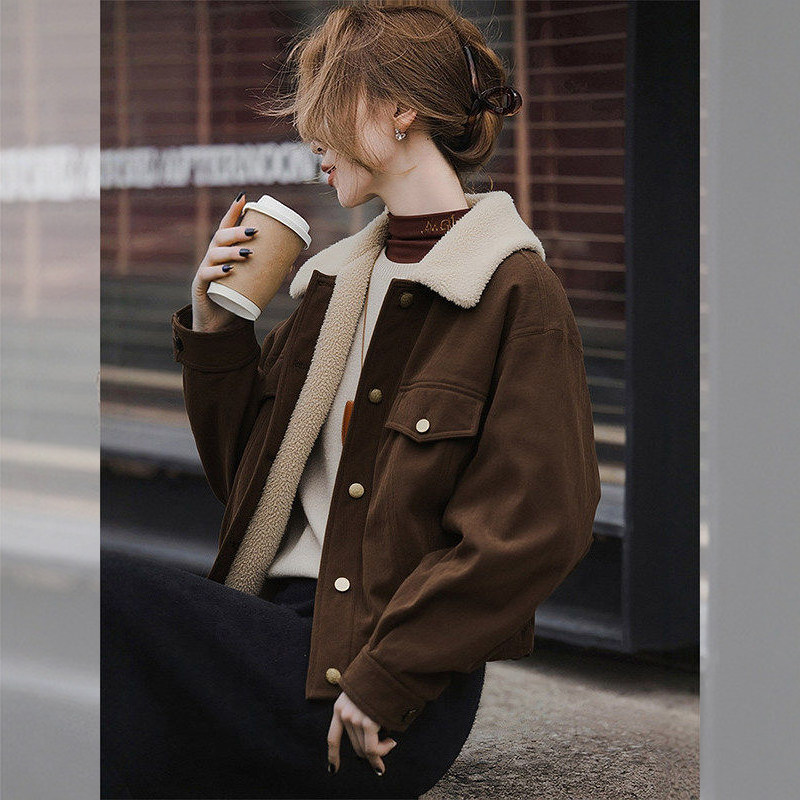 巨好看的初冬棕色皮毛一体短款加绒加厚保暖羊羔绒夹克外套女冬季,女装/女士精品,短外套,淘宝优惠券,粉丝福利购,淘宝优惠卷