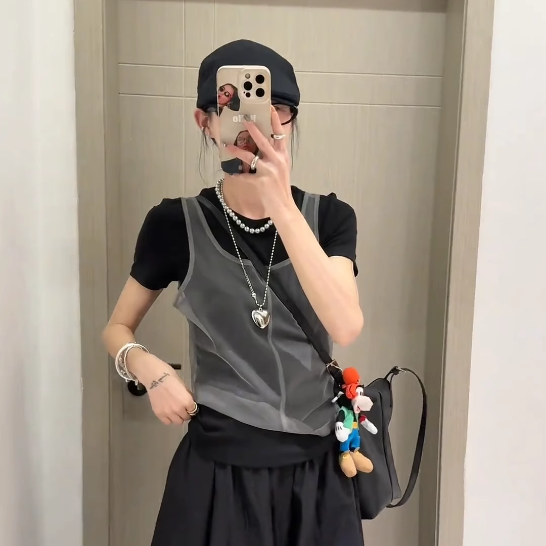 韩系网纱背心叠穿假两件短袖t恤女夏季款休闲百搭小众设计感上衣