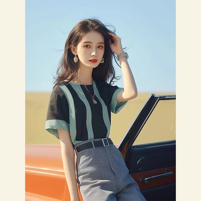 小上衣撞色条纹正肩短袖t恤女夏
