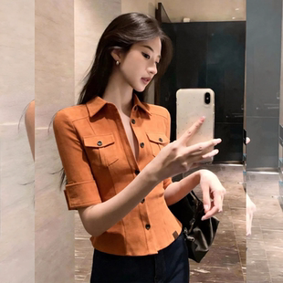 橙色巨显白收腰显瘦单排扣上衣2026春季女装新款时髦翻领短袖外套