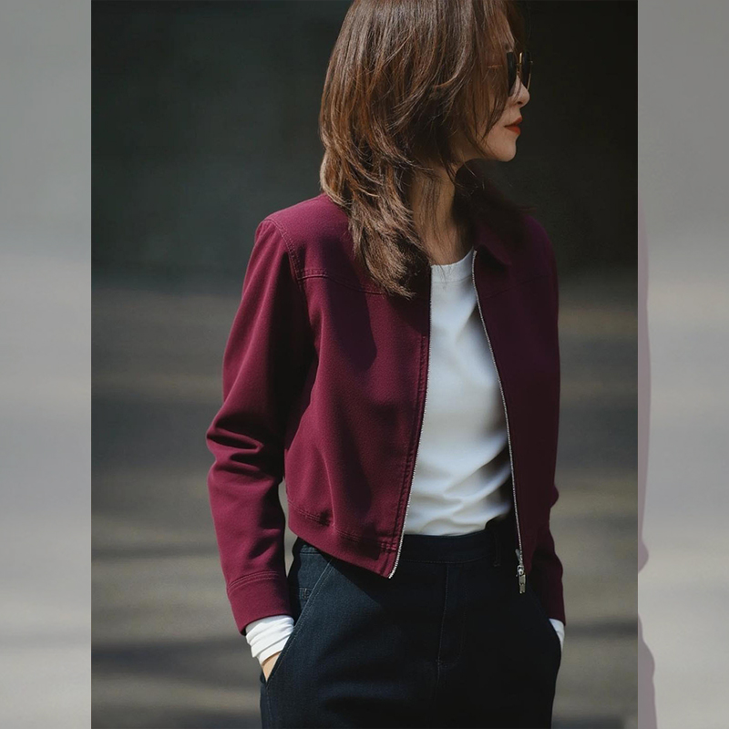 【赠送运费险】酒红色拉链短外套