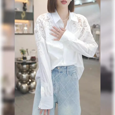 气质重工蕾丝拼接钩花衬衫女款