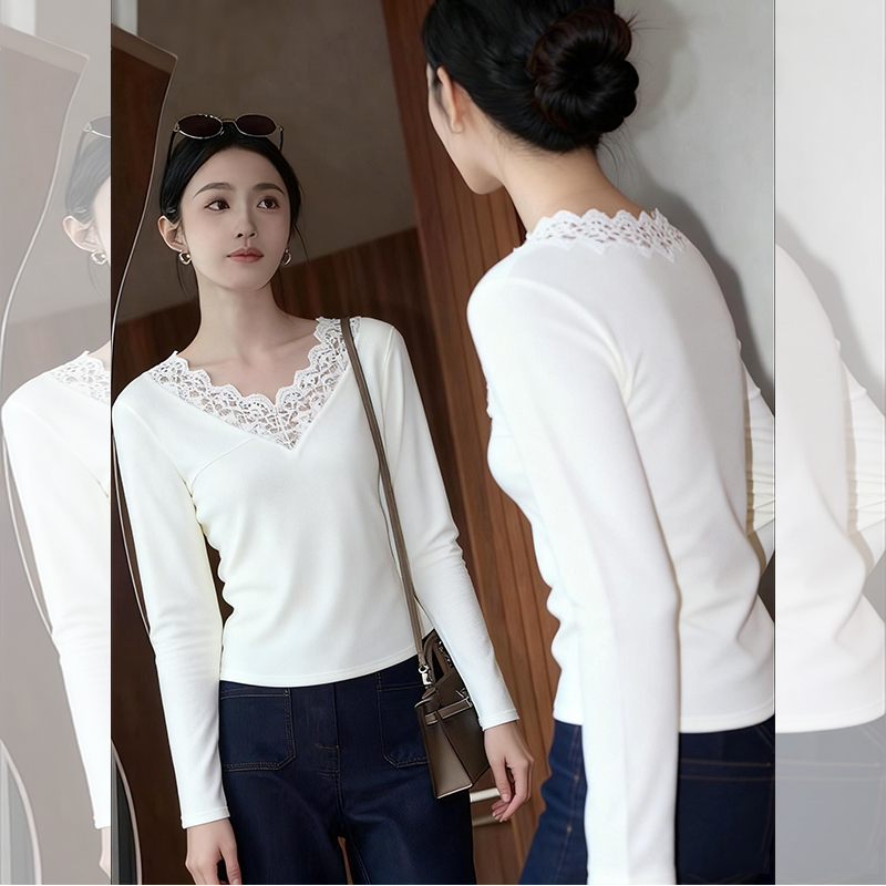 【赠送运费险】V领蕾丝花边T恤女