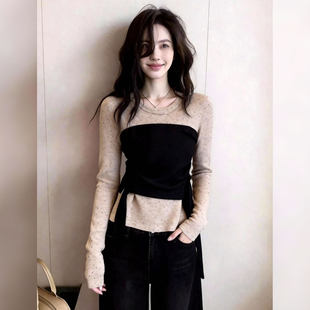 显瘦流行长袖 简约日常黑色假两件上衣女2026早春修身 别致个性 法式