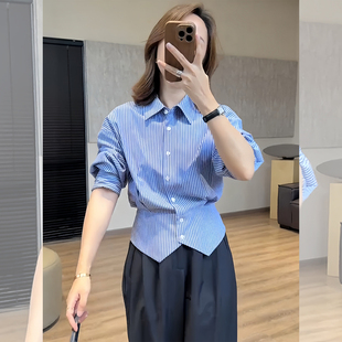 衬衫 衬衣女款 上衣2025新款 收腰显瘦气质短款 早秋季 蓝色条纹长袖
