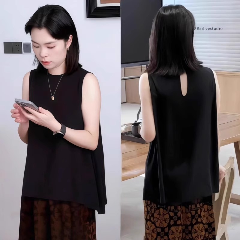 黑色衬衫小衫女士2025新款夏季宽松显瘦镂空无袖法式上衣背心衬衣