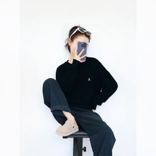 卫衣 高街休闲风黑色长袖 秋季 小个子韩系百搭内搭上衣oversize美式