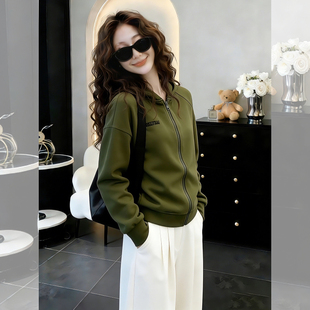 军绿色正肩薄外套女款春秋款短款卫衣小个子上衣韩系开衫2026新款