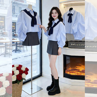 带披肩蓝色条纹衬衫女春季2026新款今年流行爆款女装减龄长袖上衣