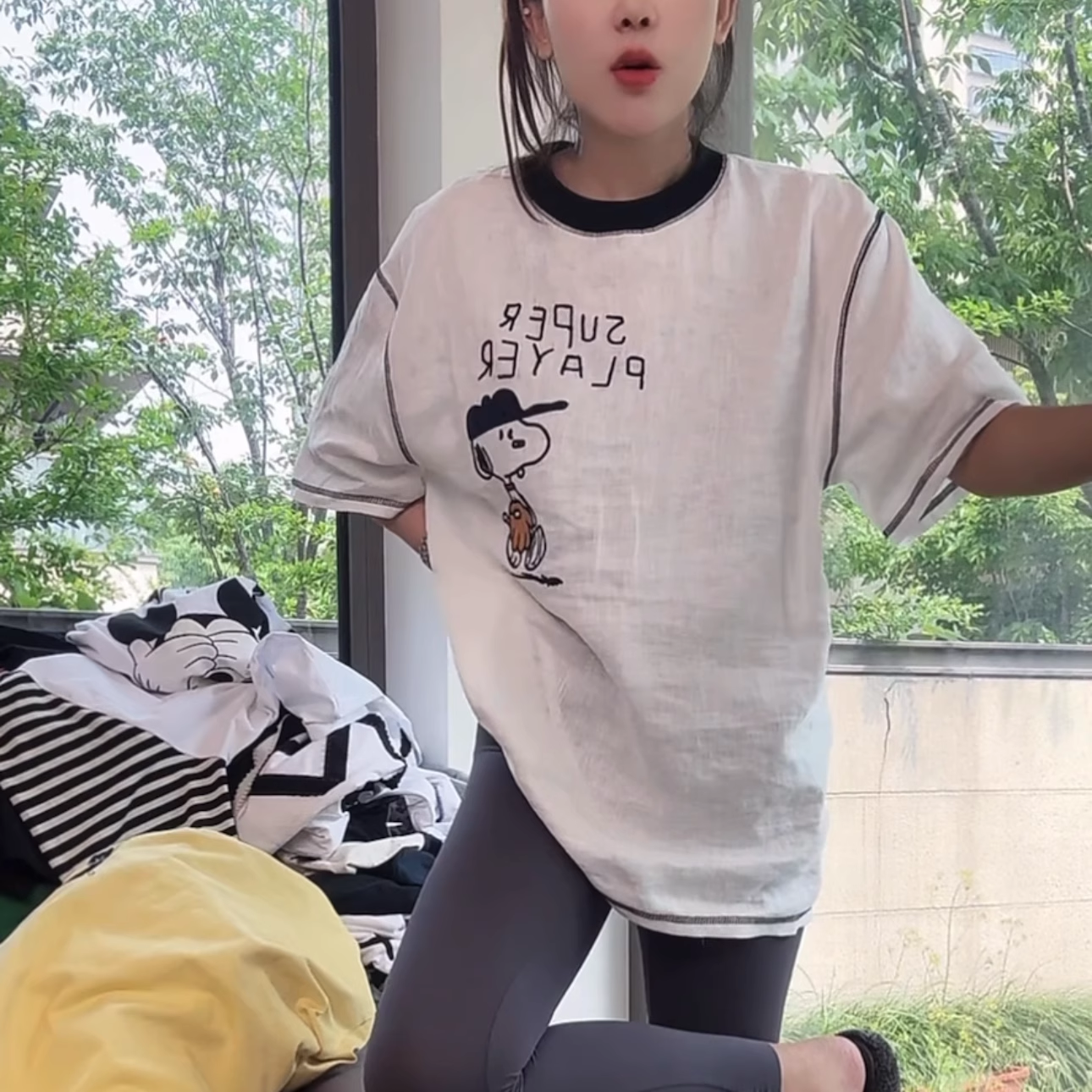 亚麻史努比刺绣短袖T恤女2025夏季新款休闲百搭显瘦中长款上衣潮