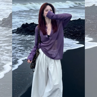 海边穿搭绝美巨好看轻熟 紫色罩衫 薄款 2026年早秋新款 小上衣 长袖