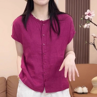 2026年夏季文艺百搭玫红色衬衫女新款法式简约大气短袖单排扣上衣