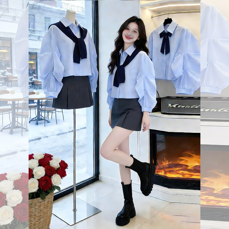 蓝色翻领条纹衬衫带披肩衬衣女早春季2026新品小个子宽松百搭上衣