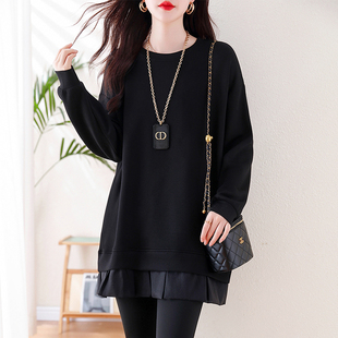休闲圆领长袖卫衣女秋冬装新款荷叶边拼接中长款内搭外穿打底上衣