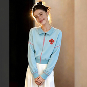 外套女2026春秋季 新款 拉链款 蓝色卫衣开衫 设计感翻领修身 显瘦上衣