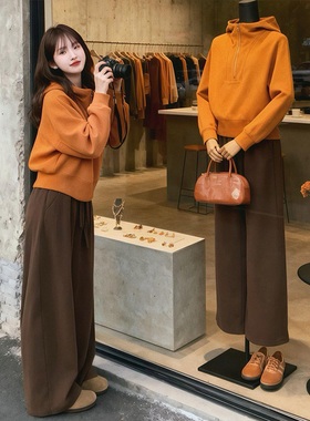 橙色半开领拉链连帽卫衣女款2026秋新款时尚洋气减龄百搭休闲上衣