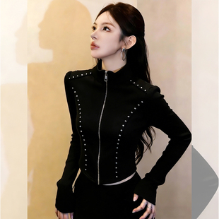 酷飒风女装高级感拉链设计感收腰立领短外套春季新款小众黑色上衣