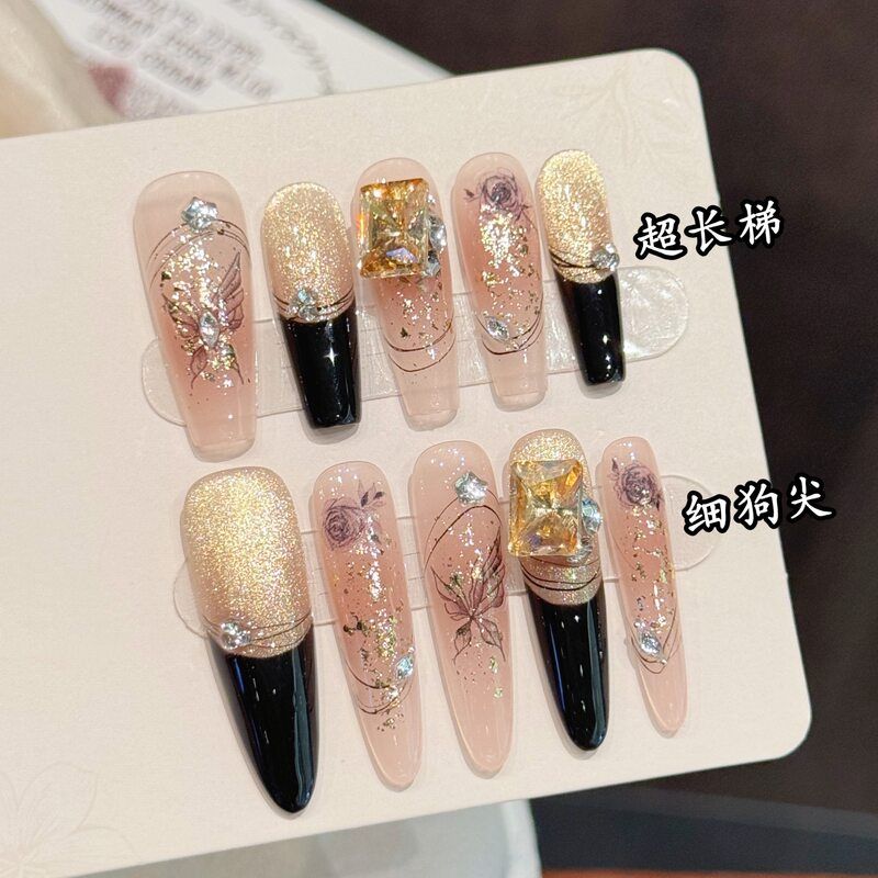 【琥珀鎏金】秋日气质风黑法爆闪金棕色猫眼美甲手工穿戴甲批发