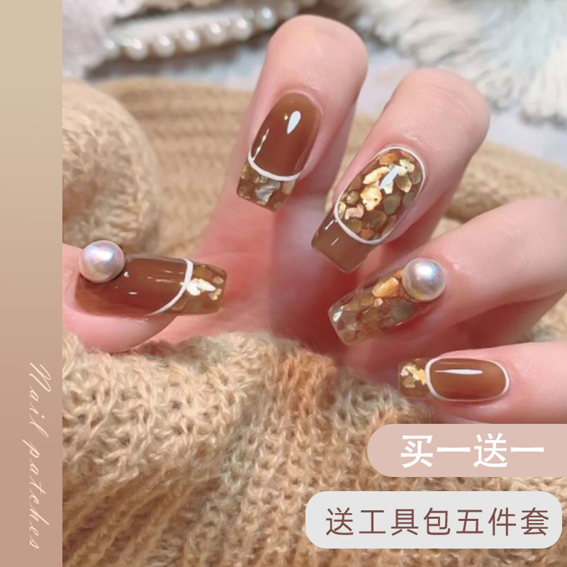 纯手工光疗美甲穿戴甲琥珀珍珠金枝玉叶穿戴甲成品重复指甲贴片