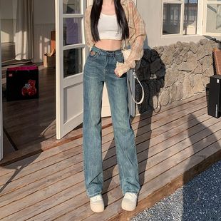 直筒裤 宽松小个子高腰显瘦窄版 女春秋2025年新款 月光蓝阔腿牛仔裤
