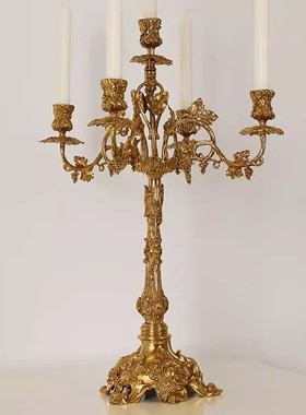 欧式奢华全铜复古烛台法式软装家居样板房展厅创意黄铜蜡烛摆件