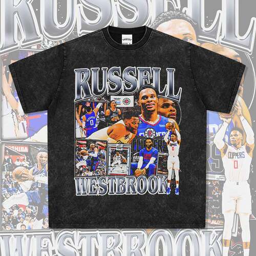 威少Russell Westbrook美式高街印花长袖短袖T恤vintage水洗