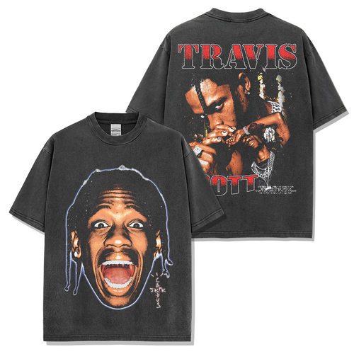 美式复古TRAVIS SCOTT印花水洗短袖t恤宽松圆领连帽卫衣