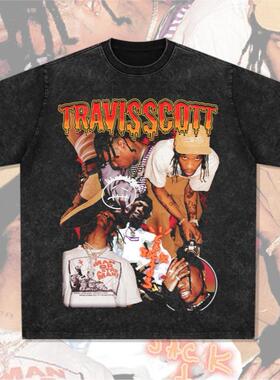 嘻哈Travis Scott TS印花美式街头长袖短袖水洗重磅潮男T恤