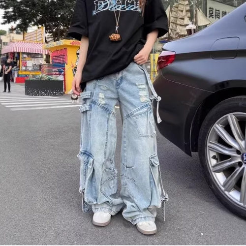 牛仔工装裤男女款新款设计感废土风低腰不对称飘带水洗磨白长裤