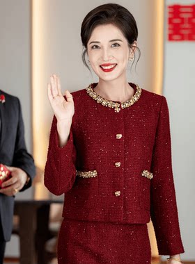 小香风红色长袖圆领礼服套装