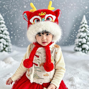 新款迎春拜年2026虎头帽女宝宝男宝国潮宝宝加绒保暖帽子毛虎头帽