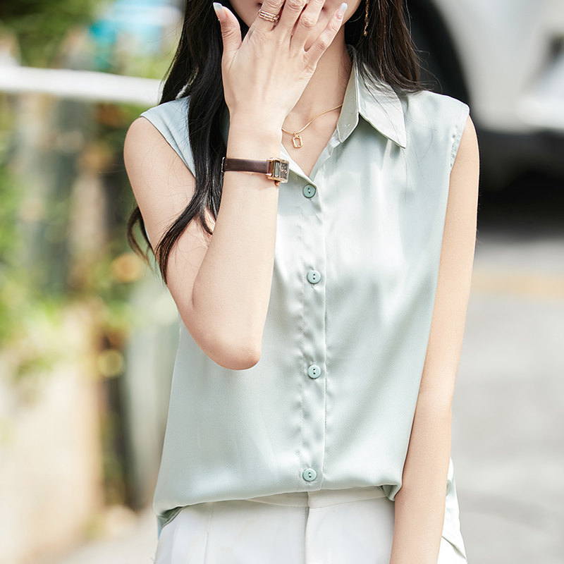 新款夏季女士缎面纯色无袖衬衫时尚百搭气质职业衬衣打底衫上衣