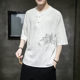 刺繡棉麻古風(fēng)男裝 男士 T恤男中國風(fēng)唐裝 夏季 亞麻短袖 寬松上衣服潮