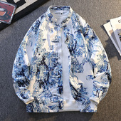 薄款 中国风男士 外套 宽松休闲衬衣潮流男装 新中式 立领印花衬衫 长袖