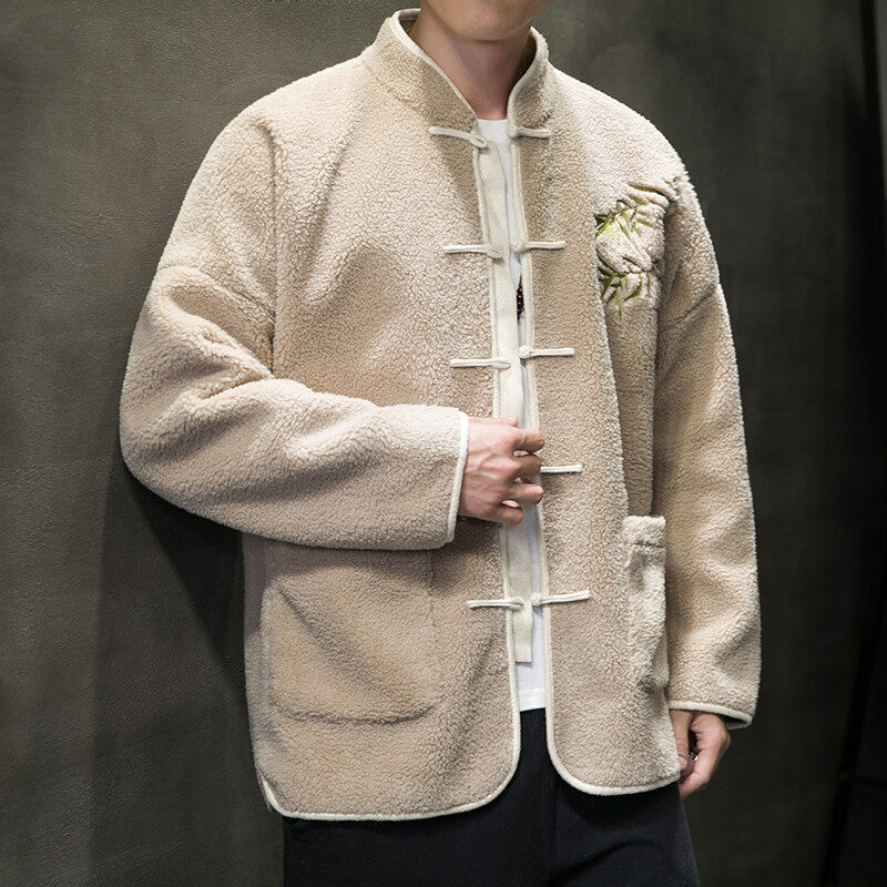 中国风羊羔毛棉衣男秋冬季复古立领盘扣刺绣唐装外套加绒加厚保暖