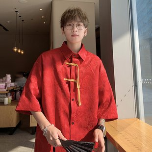 红色短袖衬衫男春夏季薄款中国风潮牌休闲复古唐装新中式衬衣外套