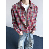 美式 百搭情侣街头痞帅宽松翻领衬衣外套 男春秋季 撞色格子长袖 衬衫