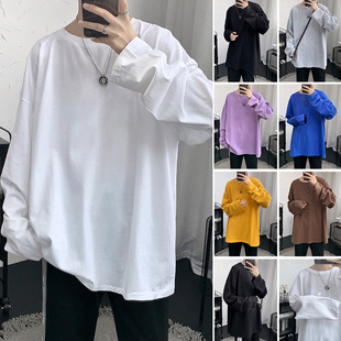 t恤纯棉打底衫 长袖 宽松体恤潮流内搭上衣服纯白色内衬 男士 春秋季