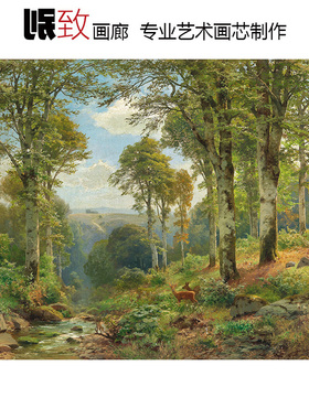 溪边鹿影 Heinrich Bohmer德国森林动物风景油画 玄关客厅装饰画