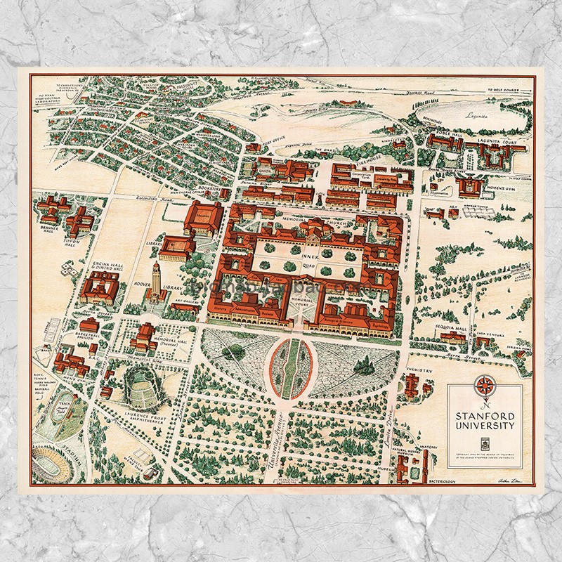斯坦福大学插画地图 大尺寸巨幅复古学校书房美式装饰壁挂画芯心