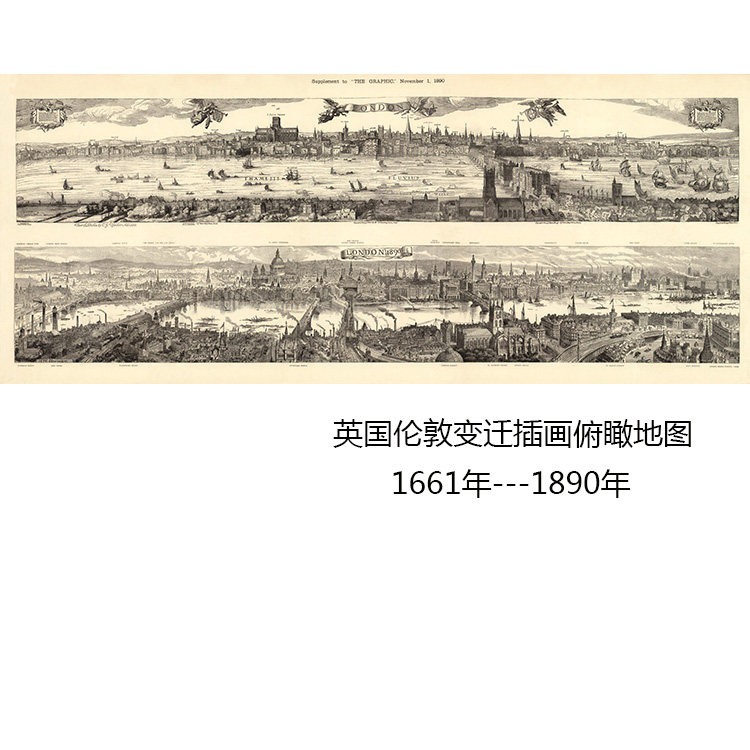 伦敦变迁插画地图巨幅客厅书房