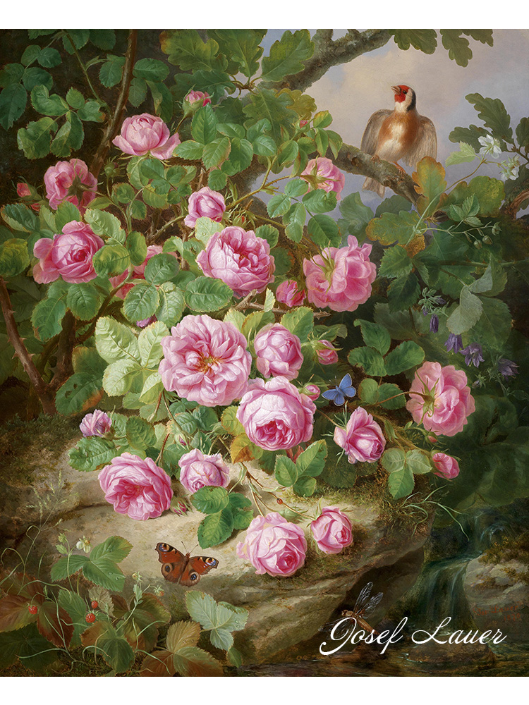 玫瑰小鸟和蝴蝶 Josef Lauer奥地利静物花卉油画客厅玄关装饰画芯图片